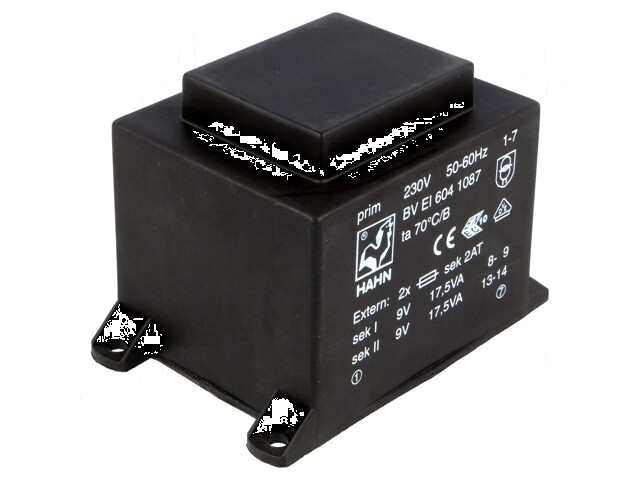 Transformator: ingegoten; 35VA; 230VAC; 9V; 9V; 1994mA; PCB; BVEI Transformator: ingegoten; 35VA; 230VAC; 9V; 9V; 1994mA; PCB; BVEI